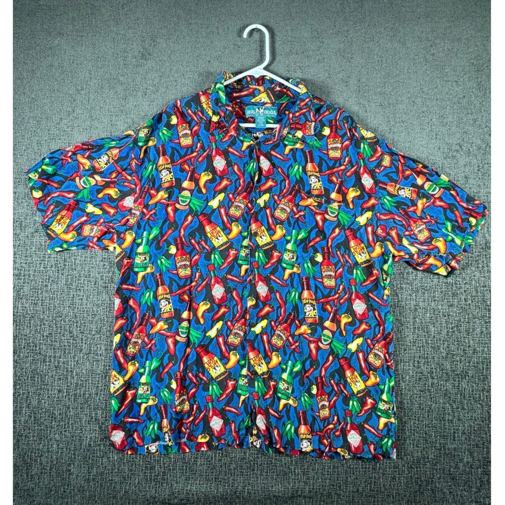 Big Dogs Hot‎ Sauce Chili Pepper Rayon Button Down Shirt Mens 1X/2X Blue Novelty